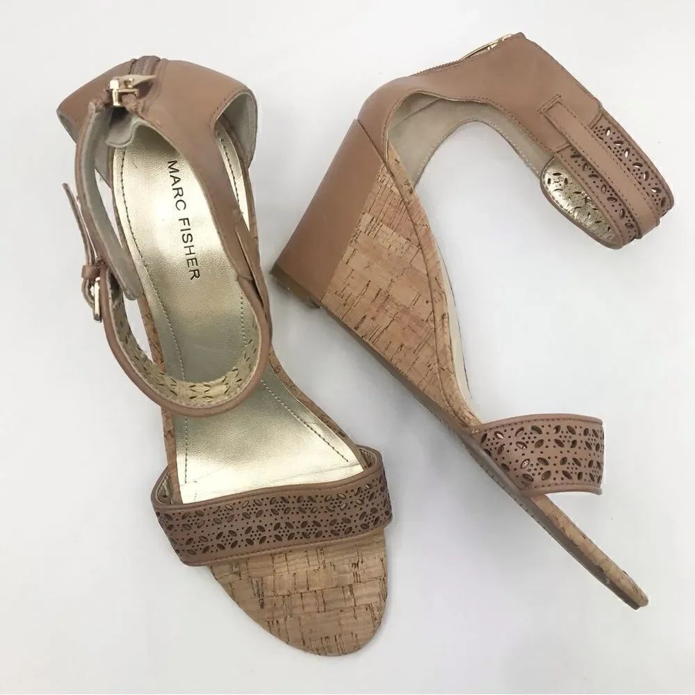 Marc Fisher COLEY Brown Perforated Open Toe Ankle Strap Wedge Sandals